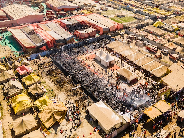 Firefighters doused a fire that broke out at a camp in Prayagraj, Uttar Pradesh, on Friday, Feb. 7, 2025, during the ongoing Maha Kumbh Mela 2025.