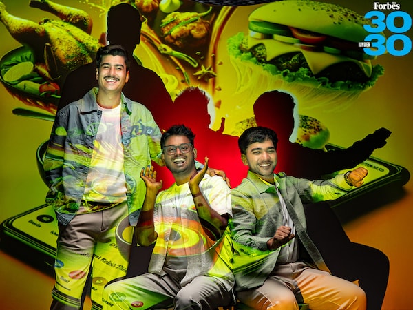(From left) Ujjwal Sukheja, Saran S and Aniket Shah
Image: Selvaprakash Lakshmanan for Forbes India Directed By: Kapil Kashyap
Background Image: Shutterstock