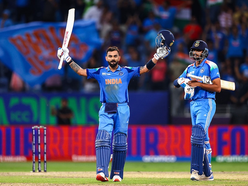 Virat Kohli of India celebrates his century and team"s victory after the ICC Champions Trophy 2025 match between Pakistan and India at Dubai International Cricket Stadium on February 23, 2025, in Dubai, United Arab Emirates.
