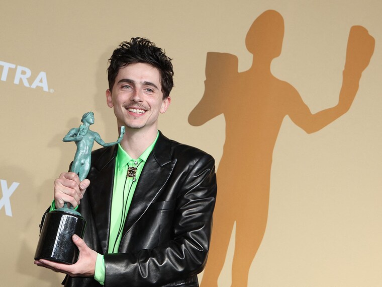 Timothee Chalamet poses with the award for Outstanding Performance by a Male Actor in a Leading Role in a Motion Picture for "A Complete Unknown" during the 31st SAG Awards at the Shrine Auditorium in Los Angeles, February 23, 2025. Image: VALERIE MACON / AFP