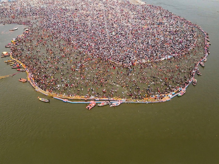 An aerial view of pilgrims taking a holy dip in Sangam, on the occasion of Maha Shivaratri during the Maha Kumbh Mela festival in Prayagraj. India"s Kumbh Mela festival wraps up on February 26, with final ritual river bathing ceremonies ending six weeks of celebration that organisers say have been attended by hundreds of millions of devotees.