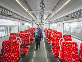 An inside view of the Namo Bharat train after the inauguration of the Sahibabad-New Ashok Nagar section of the Delhi-Meerut Rapid rail corridor on January 6, 2025, in New Delhi, India. With the addition of the new section, 55km of the total 82km corridor has become operational, taking 40 minutes to reach Meerut South from New Ashok Nagar in Delhi. Trains will be available every 15 minutes.