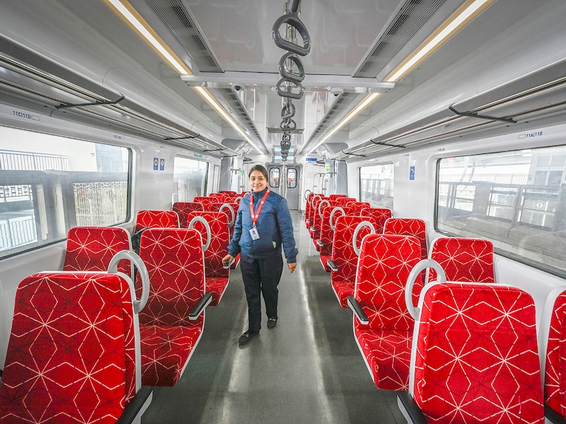 An inside view of the Namo Bharat train after the inauguration of the Sahibabad-New Ashok Nagar section of the Delhi-Meerut Rapid rail corridor on January 6, 2025, in New Delhi, India. With the addition of the new section, 55km of the total 82km corridor has become operational, taking 40 minutes to reach Meerut South from New Ashok Nagar in Delhi. Trains will be available every 15 minutes.