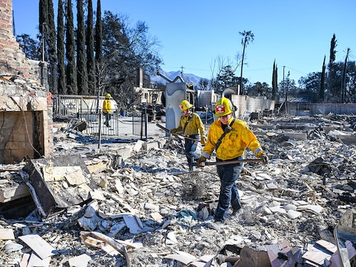 California Fire search and rescue team look through for possible human remains in ashes of burned houses after massive wildfire in Altadena of Los Angeles County, California, United States on January 13, 2025. 
Image: Tayfun Coskun/Anadolu via Getty Images