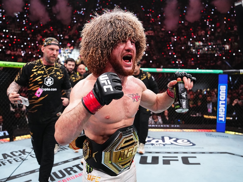 Merab Dvalishvili of Georgia reacts after a decision victory against Umar Nurmagomedov of Russia in the UFC bantamweight championship fight during the UFC 311 event at Intuit Dome on January 18, 2025 in Inglewood, California.