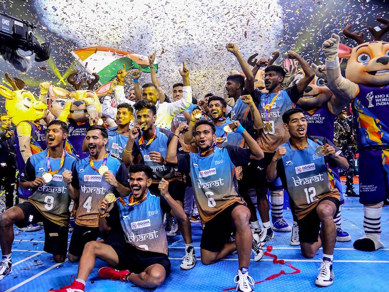 The Indian men"s team celebrates with the trophy after winning the inaugural Kho Kho World Cup championship, defeating Nepal in the final, in New Delhi on Sunday night, January 19, 2025.
