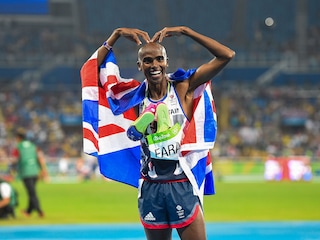 Image: Mo Farah strikes the Mobot, his trademark celebratory pose, after winning the 5,000m gold in the 2016 Rio Olympics. With four gold medals—in 5,000m and 10,000m in consecutive Olympics—Farah is considered to be one of the greatest distance runners.
Image: Jeremy Selwyn/Evening Standard via Getty Images