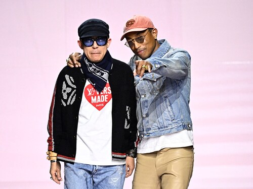 Louis Vuitton"s MenÃ­s Creative Director Pharell Williams (R) and designer Nigo acknowledge the audience at the end of the Louis Vuitton Menswear Ready-to-wear Fall-Winter 2025/2026 collection as part of the Paris Fashion Week, in Paris on January 21, 2025. Image: Julien De Rosa / AFP