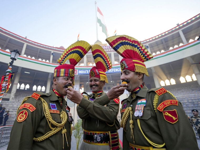BSF personnel during Republic Day celebrations, at the Attari Wagah Border, Punjab, Sunday, Jan. 26, 2025.