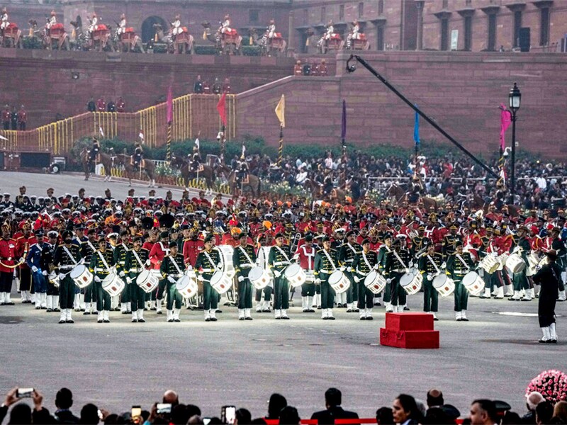 The tri-service band performs during the Beating Retreat ceremony at Vijay Chowk in New Delhi on Wednesday, January 29, 2025.