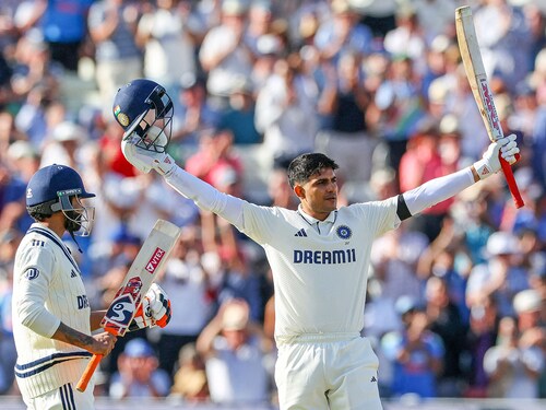 India"s captain Shubman Gill celebrates his century on the opening day of the second cricket test match between England and India at Edgbaston cricket ground in Birmingham, central England on July 2, 2025.