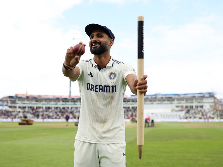 Akash Deep of India celebrates victory after taking six wickets on day five of the second Rothesay Test Match between England and India at Edgbaston on July 06, 2025, in Birmingham, England.