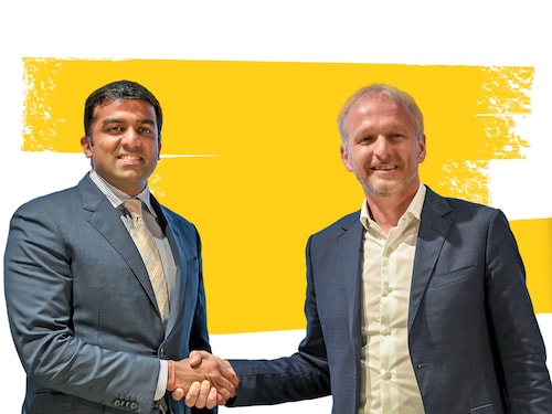 Parth Jindal (left), managing director of JSW Paints, and Greg Poux-Guillaume, CEO of Akzo Nobel, in Mumbai on July 1 Image: Indranil Aditya/NurPhoto via Getty Image, Backdrop Shutterstock Parth Jindal (left), managing director of JSW Paints, and Greg Poux-Guillaume, CEO of Akzo Nobel, in Mumbai on July 1 Image: Indranil Aditya/NurPhoto via Getty Image, Backdrop Shutterstock