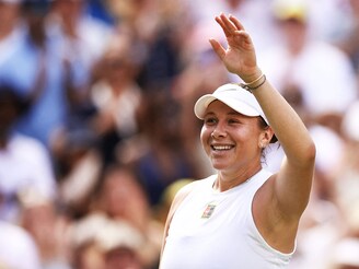 US player Amanda Anisimova celebrates after winning against Belarus"s Aryna Sabalenka during their women"s singles semi-final tennis match on the eleventh day of the 2025 Wimbledon Championships at The All England Lawn Tennis and Croquet Club in Wimbledon, southwest London, on July 10, 2025.
