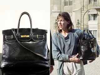This combination of pictures created on July 09, 2025 showsthe "Birkin" bag by Hermes which belonged to British-French actress and singer Jane Birkin at the Sotheby"s auction house in Paris. (R) French actress and singer Jane Birkin arrive at the Elysee Palace where she is received by the President of the Republic Francois Mitterrand before the 43rd Cannes Film Festival, on May 9, 1990. Image: Alain Jocard and Gilles Leimdorfer / AFP Image: Alain Jocard  and Gilles Leimdorfer / AFP