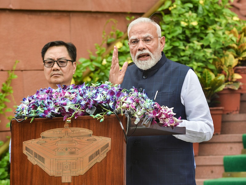 India"s Prime Minister Narendra Modi (C) speaks to the media on the first day of the monsoon session of the parliament, in New Delhi, India on July 21, 2025.