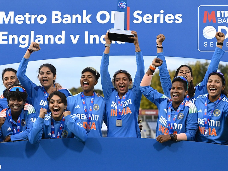 India captain Harmanpreet Kaur and teammates celebrate their 2-1 series win after the 3rd Women"s Metro Bank ODI match between England and India at Banks Homes Riverside on July 22, 2025, in Chester-le-Street, England.