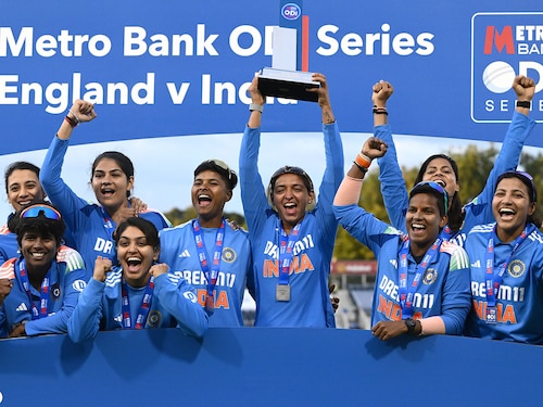 India captain Harmanpreet Kaur and teammates celebrate their 2-1 series win after the 3rd Women"s Metro Bank ODI match between England and India at Banks Homes Riverside on July 22, 2025, in Chester-le-Street, England.