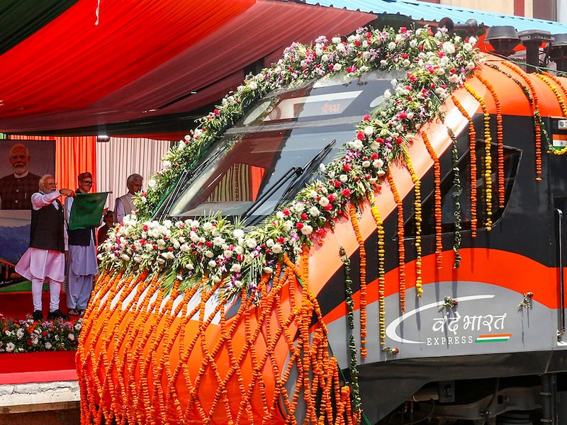 Prime minister Narendra Modi flags off the Vande Bharat Express to inaugurate the Katra-Srinagar Vande Bharat service, at Shri Mata Vaishno Devi station in Katra, Jammu and Kashmir, on June 6, 2025. Aimed at bolstering connectivity in the region, the PM also inaugurated the Chenab Railway Bridge, a record-setting structure that now stands as the tallest railway arch bridge in the world.