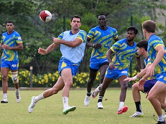 Hyderabad Heroes" Spanish player Manuel Moreno (3L) takes part in a training session at the Cidco football ground in Kharghar, Navi Mumbai on June 7, 2025, ahead of Indian Rugby Premier League.