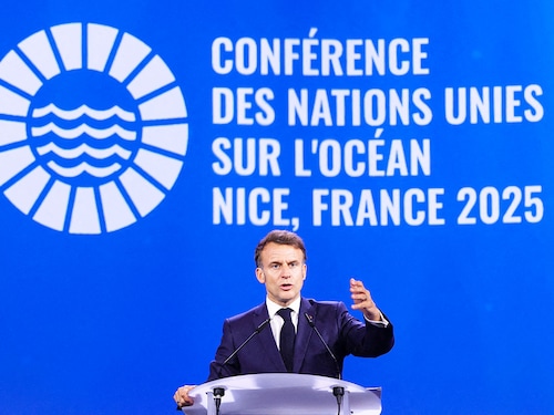 France"s President Emmanuel Macron delivers a speech at the Centre des Expositions conference centre aheaod the third United Nations Ocean Conference (UNOC3), which gathers leaders, researchers and activists to discuss how to protect marine life, in the French riviera city of Nice, on June 8, 2025.
Image: Christian Hartmann / POOL / AFP France"s President Emmanuel Macron delivers a speech at the Centre des Expositions conference centre aheaod the third United Nations Ocean Conference (UNOC3), which gathers leaders, researchers and activists to discuss how to protect marine life, in the French riviera city of Nice, on June 8, 2025.
Image: Christian Hartmann / POOL / AFP