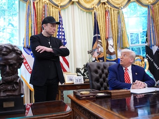 (File)  President Donald Trump, joined by Tesla CEO Elon Musk, speaks to reporters in the Oval Office of the White House. 
Image: Kevin Dietsch / Getty Images North America / Getty Images via AFP
