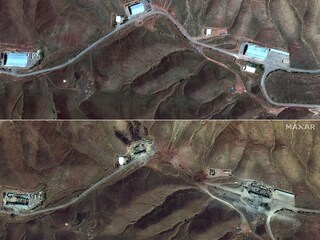(COMBO) This combination of pictures created on June 17, 2025 using handout satellite images released by Maxar Technologies shows storage buildings at the Tabriz missile facility in Tabriz, Iran, on May 29, 2025 (top) and on June 17, 2025 after they were hit by Israeli airstrikes. Israel and Iran exchanged fire again on June 17, the fifth day of strikes in their most intense confrontation in history, fuelling fears of a drawn-out conflict that could engulf the Middle East. 
Image: Satellite image Â©2025 Maxar Technologies / AFP