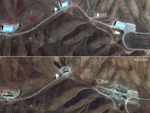 (COMBO) This combination of pictures created on June 17, 2025 using handout satellite images released by Maxar Technologies shows storage buildings at the Tabriz missile facility in Tabriz, Iran, on May 29, 2025 (top) and on June 17, 2025 after they were hit by Israeli airstrikes. Israel and Iran exchanged fire again on June 17, the fifth day of strikes in their most intense confrontation in history, fuelling fears of a drawn-out conflict that could engulf the Middle East. 
Image: Satellite image Â©2025 Maxar Technologies / AFP