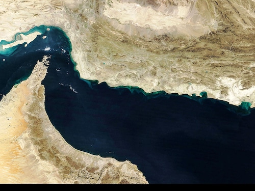This handout natural-colour image acquired with MODIS on NASAÃs Terra satellite, the Strait of Hormuz (L) and the northern coast of Oman (bottom). US urges China to stop Iran from blocking critical shipping lane.
Image: NASA Earth Observatory / AFP This handout natural-colour image acquired with MODIS on NASAÃs Terra satellite, the Strait of Hormuz (L) and the northern coast of Oman (bottom). US urges China to stop Iran from blocking critical shipping lane.
Image: NASA Earth Observatory / AFP