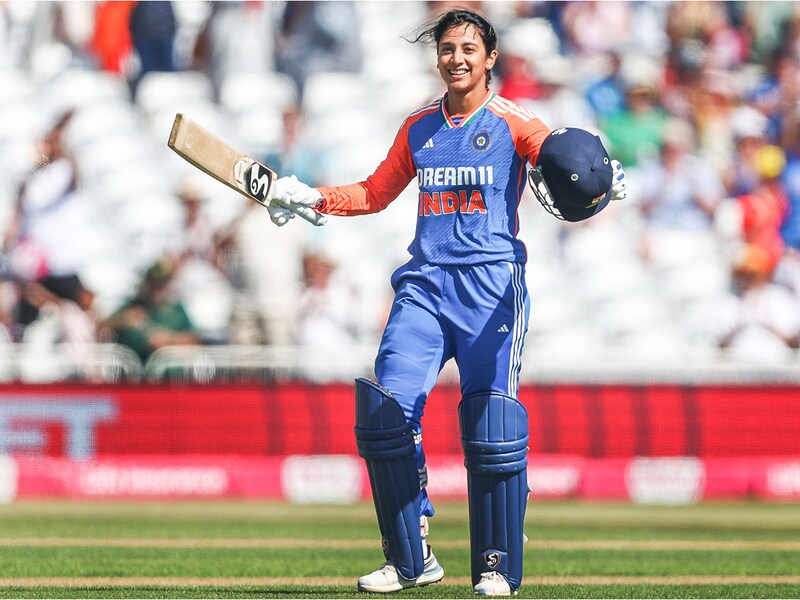 Smriti Mandhana of India celebrates her century during the International T20 match between England and India at Trent Bridge in Nottingham, England, on June 28, 2025. Image: Stuart Leggett | MI News/NurPhoto via Getty Images