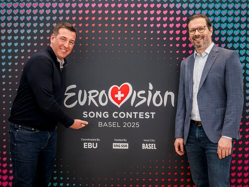 ESC 2025 executive producers Moritz Stadler (L) and Reto Peritz pose during a press conference, just over two months before the 2025 edition of the Eurovision Song Contest, in Basel on March 4, 2025. The Swiss city of Basel will host the glitzy annual television extravaganza at the St. Jakobshalle indoor arena, with the semi-finals on May 13 and 15, and the final on May 17. Image:  Fabrice Coffrini / AFP ESC 2025 executive producers Moritz Stadler (L) and Reto Peritz pose during a press conference, just over two months before the 2025 edition of the Eurovision Song Contest, in Basel on March 4, 2025. The Swiss city of Basel will host the glitzy annual television extravaganza at the St. Jakobshalle indoor arena, with the semi-finals on May 13 and 15, and the final on May 17. Image:  Fabrice Coffrini / AFP
