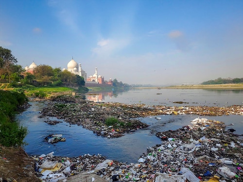 Polluted water of a drain that merges into the Yamuna river near Taj Mahal, in Agra, Thursday, March 20, 2025. The Supreme Court has directed that the discharge of dirty drains into the river be stopped immediately.