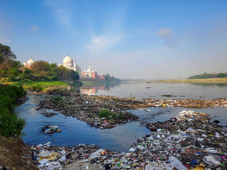 Polluted water of a drain that merges into the Yamuna river near Taj Mahal, in Agra, Thursday, March 20, 2025. The Supreme Court has directed that the discharge of dirty drains into the river be stopped immediately.