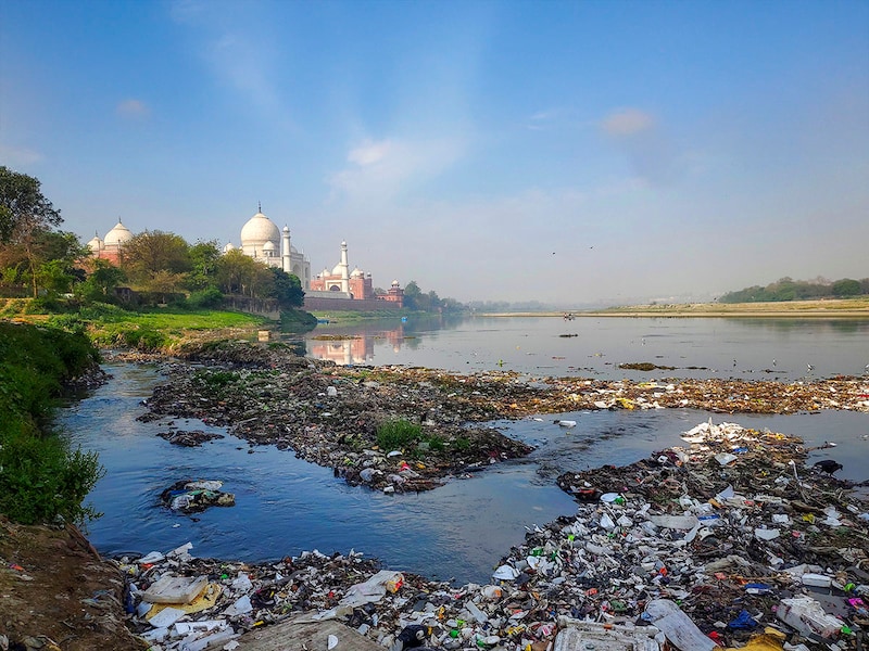Polluted water of a drain that merges into the Yamuna river near Taj Mahal, in Agra, Thursday, March 20, 2025. The Supreme Court has directed that the discharge of dirty drains into the river be stopped immediately.