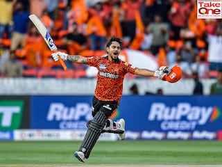 Sunrisers Hyderabad"s Ishan Kishan celebrates after scoring a century (100 runs) during the Indian Premier League (IPL) Twenty20 cricket match between Sunrisers Hyderabad and Rajasthan Royals at the Rajiv Gandhi International Stadium in Hyderabad on March 23, 2025. 
Image: Noah Seelam/ AFP