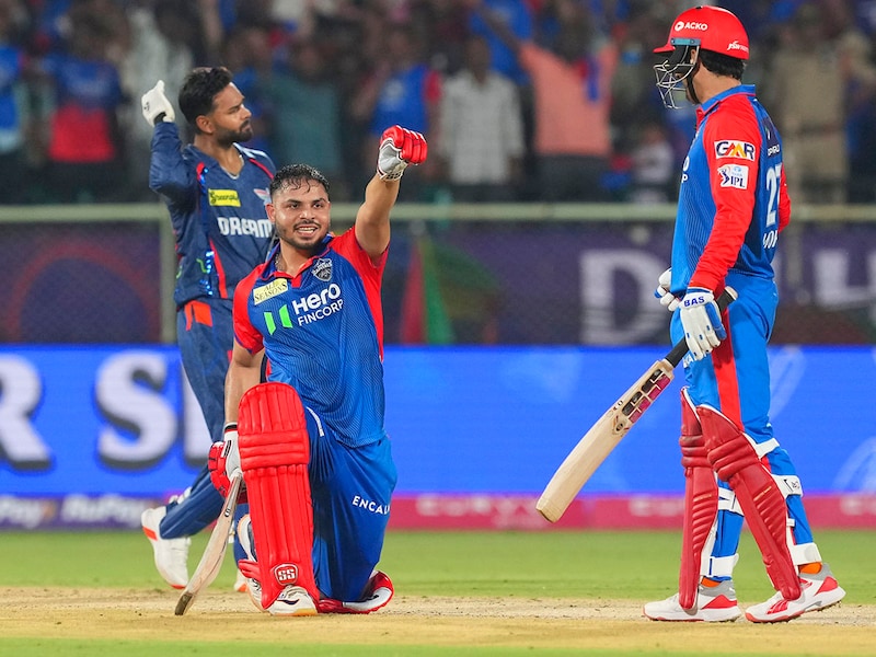 Delhi Capitals" batter Ashutosh Sharma celebrates after playing the winning shot during the Indian Premier League 2025 match between Delhi Capitals and Lucknow Super Giants, at ACA-VDCA Cricket Stadium, in Visakhapatnam, Andhra Pradesh on March 24, 2025. Delhi Capitals won the game by 1 wicket.