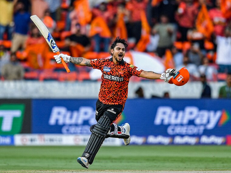 Sunrisers Hyderabad"s Ishan Kishan celebrates after scoring a century (100 runs) during the Indian Premier League (IPL) Twenty20 cricket match between Sunrisers Hyderabad and Rajasthan Royals at the Rajiv Gandhi International Stadium in Hyderabad on March 23, 2025. Image: Noah Seelam/ AFP