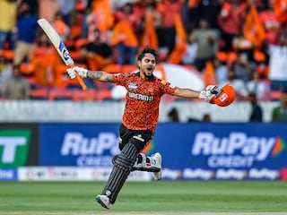 Sunrisers Hyderabad"s Ishan Kishan celebrates after scoring a century (100 runs) during the Indian Premier League (IPL) Twenty20 cricket match between Sunrisers Hyderabad and Rajasthan Royals at the Rajiv Gandhi International Stadium in Hyderabad on March 23, 2025. Image: Noah Seelam/ AFP