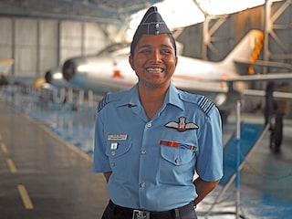 Lieutenant Shivangi Singh of the Indian Air Force (IAF) attending an interview with AFP at the Air Force Museum in New Delhi. Image: Arun SANKAR / AFP