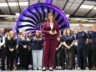 Britain"s Chancellor of the Exchequer Rachel Reeves speaks to workers and members of the media at the Rolls Royce factory in Derby, central England on May 15, 2025. (Photo by Darren Staples / POOL / AFP)