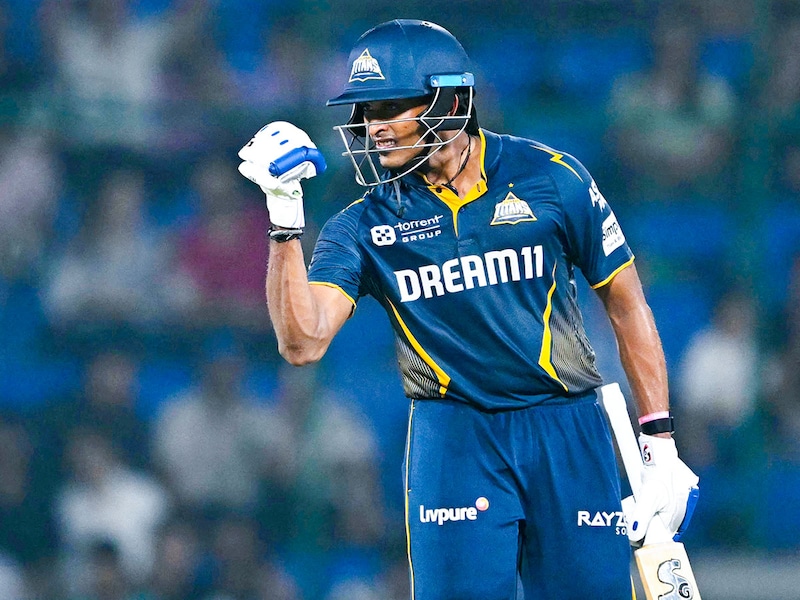 Gujarat Titans" Sai Sudharsan celebrates after scoring a century during the IPL T20 cricket match between Delhi Capitals and Gujarat Titans at the Arun Jaitley Stadium in New Delhi on May 18, 2025. Gujarat Titans won the game by 10 wickets and secured a spot in the playoffs.