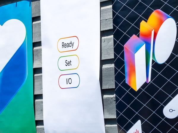 Signs for the conference are plastered around Shoreline Amphitheater during Google"s annual I/O developers conference in Mountain View, California on May 20, 2025.
Image: Camille Cohen / AFP