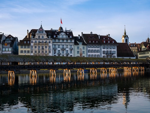 View across the river Reuss to the Chapel Bridge, facades of hotels and houses on the shore in Lucerne, Switzerland.
Image: Frank Bienewald/LightRocket via Getty Images View across the river Reuss to the Chapel Bridge, facades of hotels and houses on the shore in Lucerne, Switzerland.
Image: Frank Bienewald/LightRocket via Getty Images