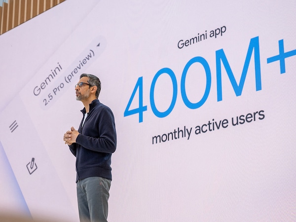 Google CEO Sundar Pichai addresses the crowd during Google"s annual I/O developers conference in Mountain View, California on May 20, 2025.
Image: Camille Cohen / AFP