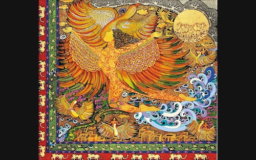  <em>Chasing the bloom</em><br /><strong>SEEMA KOHLI </strong>(b. 1960)<br /><em>Soham Hansa</em><br />Ink and acrylic on canvas with 24 carat gold and silver leaf<br />68 x 71 inches<br /><br />It is unlikely that Seema Kohli, who struggled to break the shackles of a conservative middle-class upbringing, could have foretold her success. Essential to Kohli&rsquos work, and central to it, is her choice of winged figures seemingly afloat over a universe consisting entirely of lotus blooms, rooted trees and quiet cityscapes.<br />&nbsp<br />If the artist&rsquos effervescent colours reflect her view of nature and mankind in organic harmony, the reason is the strife she sees around her. She hopes to arrive at a meditative-like quietness despite her busy palette. These are works that capture her inner struggles and insecurities, and she pays ode to the feminine principle without deflecting or indicting the male principle. <br /><br />Kohli has read the scriptures and most sacred texts and these imbue her works. Yet they remain secular, never sacred. Her winged women are a reflection of her wanting to break free from socially imposed norms, something she captures in her performance pieces and videos. These penetrating and perceptive artistic practices are underscored by a scathing commentary on perceived notions of propriety and ownership. <br /><br />Popular on the international art circuit, Kohli has, in recent years, begun to turn the figurative element of her paintings into bronze sculptures, cutting through the confines that artists find themselves slotted into.                        