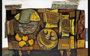  <em>‘Still Life with Mangoes’ (1961), oil, sticks and stones on canvas pasted on plyboard</em><br />[KG Subramanyan]<br />                                                