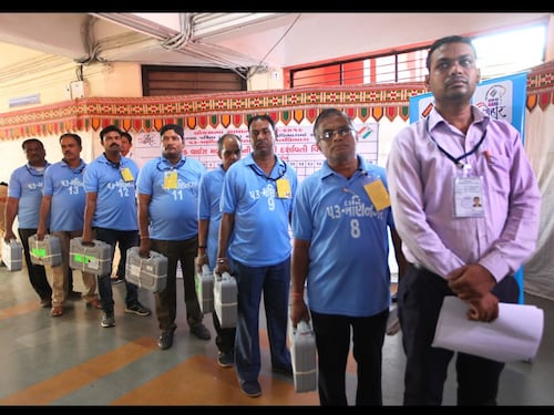  An early morning for workers at the Gujarat college for Ahmedabad West counting centre                                                