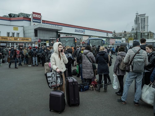  <p class="Body">People line up at a long distance bus station in the center of Kyiv, Ukraine, on Thursday, February 24, 2022. A mass migration appears underway as residents flee the capital.</p>