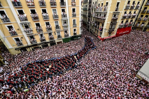  <p><span>The &lsquoLa Pamplonesa&rsquo municipal music band performs as it makes its way among the crowds at the opening ceremony to kick-off the week-long San Fermin bull Festival, Pamplona, Spain, on July 6, 2023.</span></p>