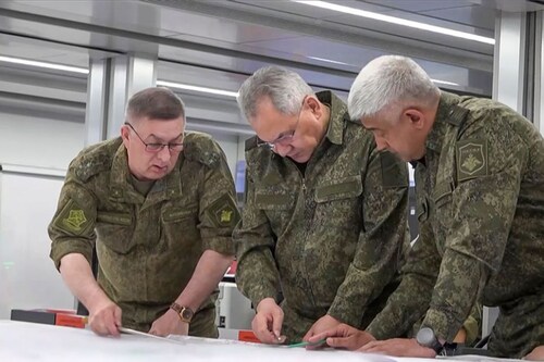  <p>This screengrab shows Russia"s Defence Minister Sergei Shoigu (C) and officers looking at a map in an undisclosed location, his first public appearance since the Wagner mutiny on June 26, 2023. Wagner"s war-weary chief Yevgeny Prigozhin"s decision to advance on Moscow was intended to remove corrupt and incompetent Russian commanders he blames for botching the war, resulting in the territory and military personnel losses.</p>